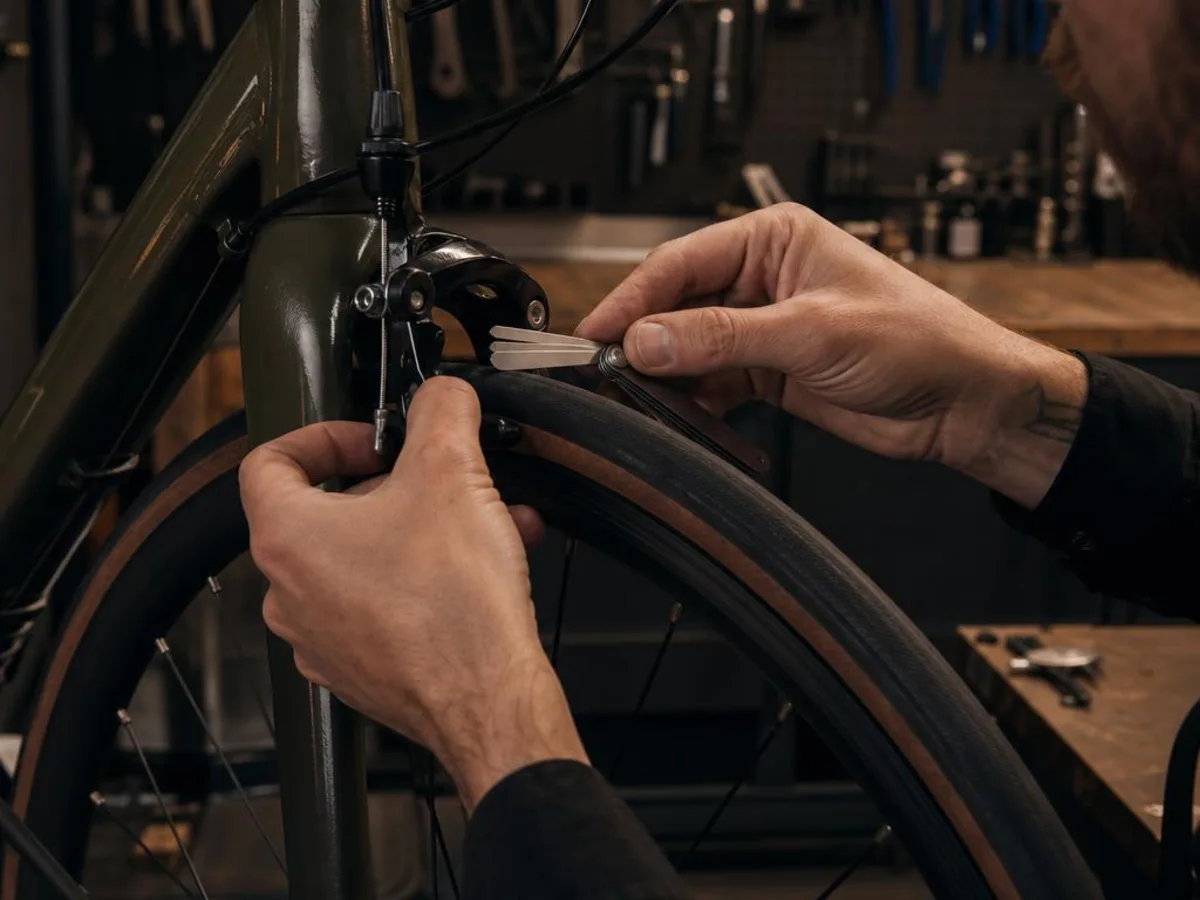 Mechaniker prüft die Bremse am Laufrad eines Fahrrads