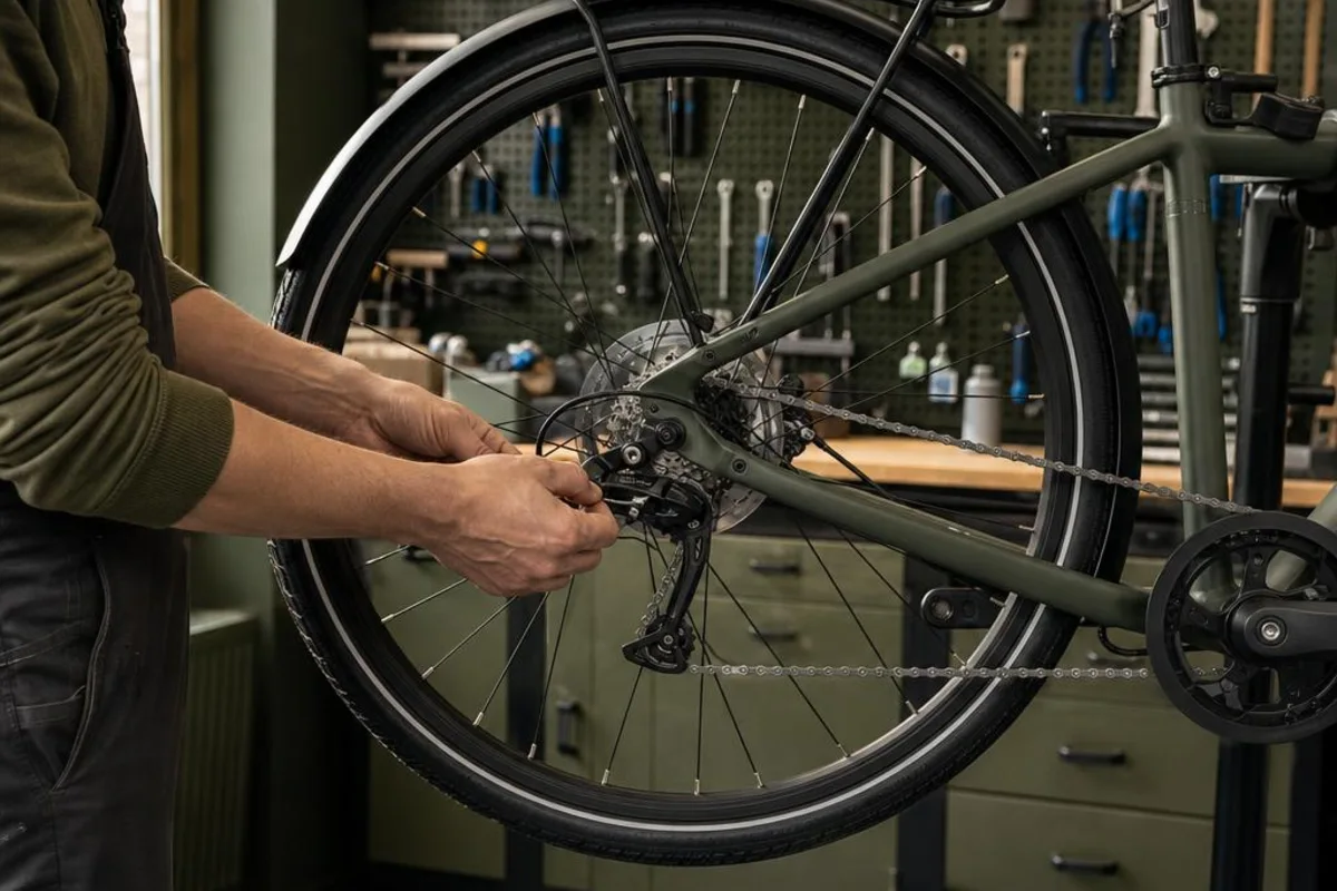 Mechaniker stellt die Schaltung eines Fahrrads auf einem Montageständer ein